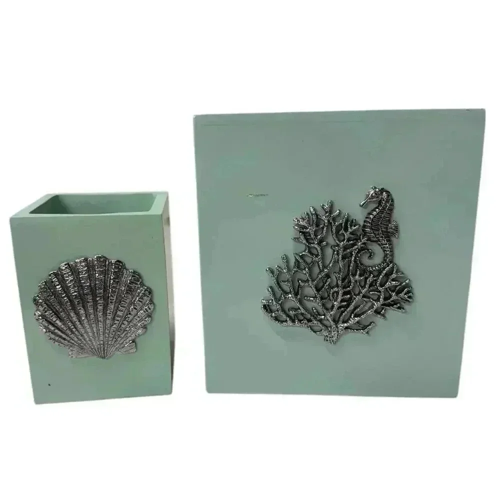 Coastal Coral/Seahorse Tissue Box Cover & Seashell Toothbrush Cup Aqua